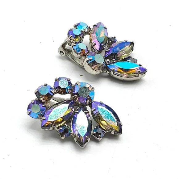 Blue Aurora Borealis Navette Rhinestones Leaf Clip-On Earrings - Picture 2 of 4